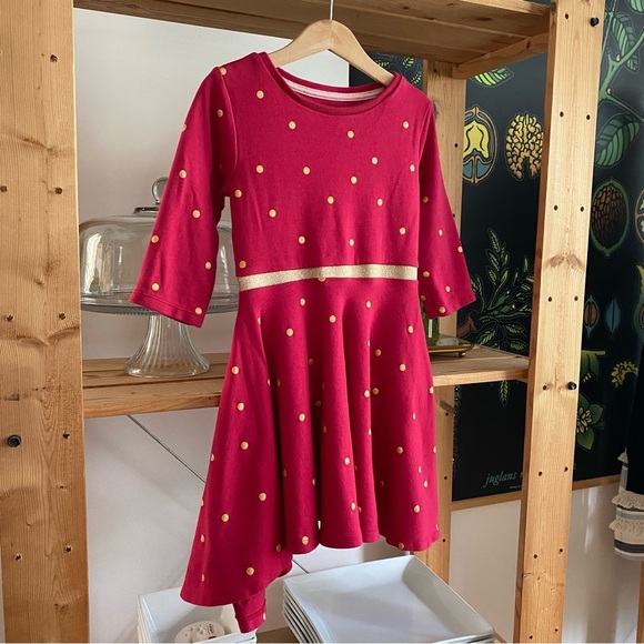 Mini Boden Red Gold Dot Long Sleeve Asymmetrical Dress 5t - Picture 4 of 11